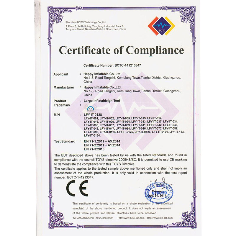 Certificat EN71 pour tente gonflable