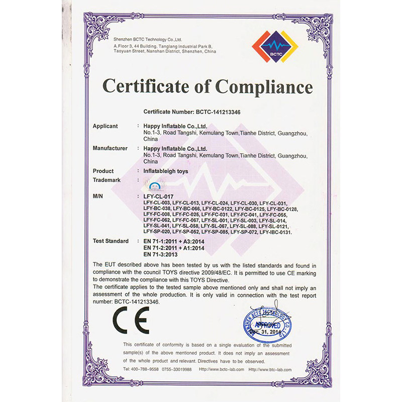 Certificat EN71 pour jouets gonflables