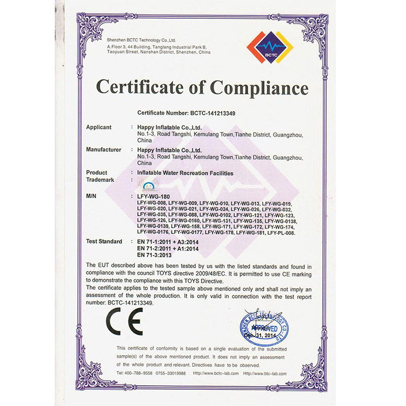 Certificat EN71 pour jouets gonflables aquatiques